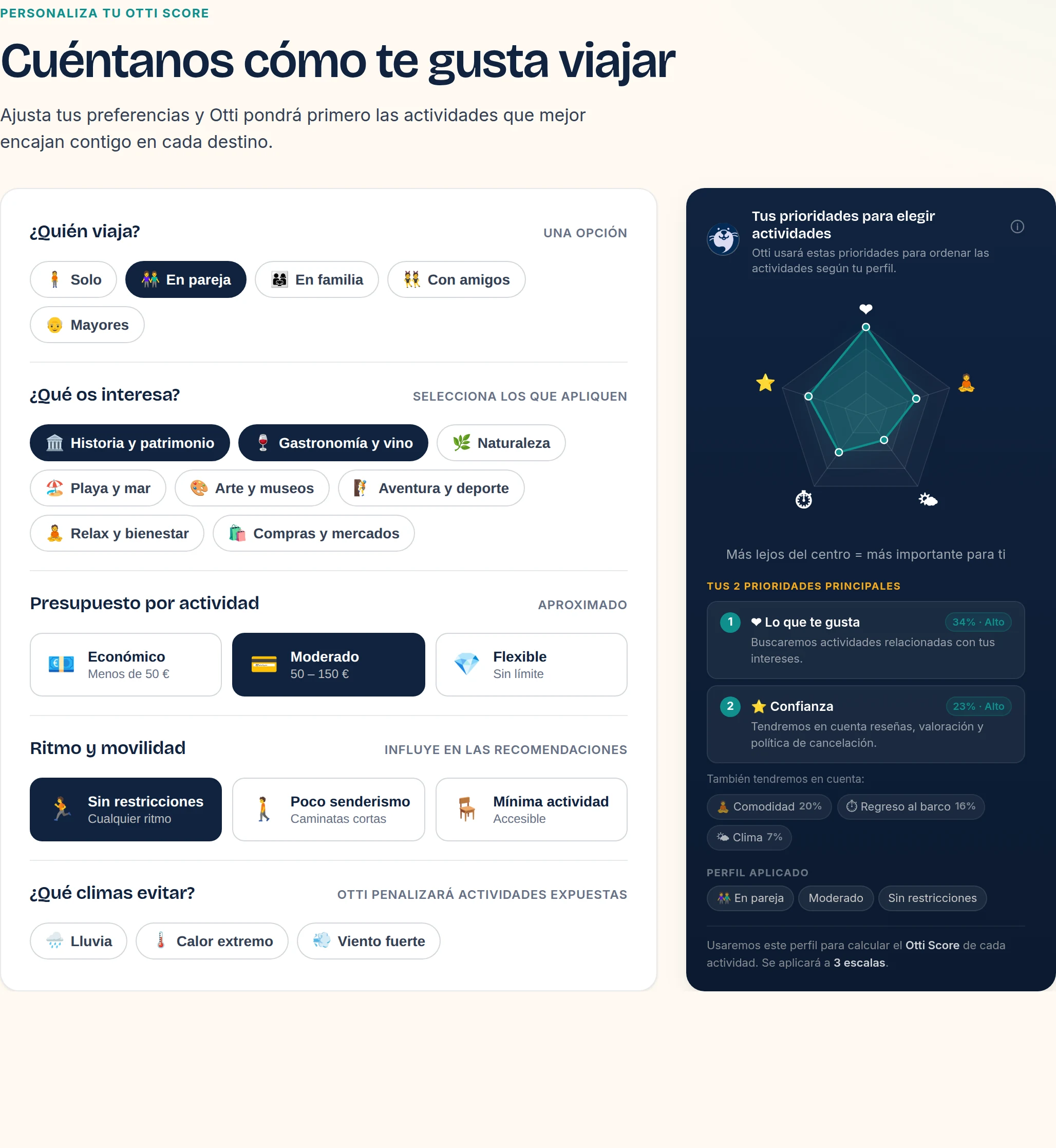Panel de preferencias de HeyOtti con el radar de prioridades del viajero